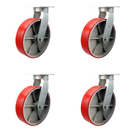 Service Caster 12'' Heavy Duty Red Poly on Cast Iron Swivel Caster Set with 2 Swivel Locks, 4PK CRAN-SCC-KP92S1230-PUR-RS-BSL-2-S-2